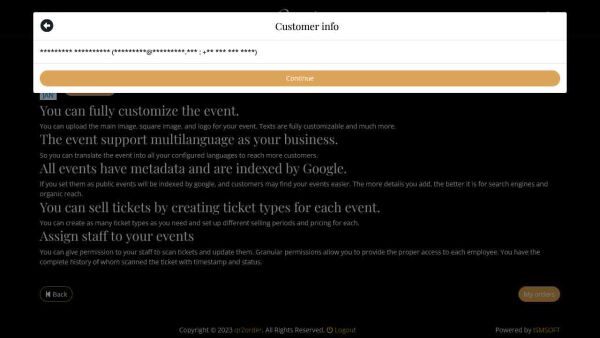 Demo restaurant website events with tickets buy tickets step 2