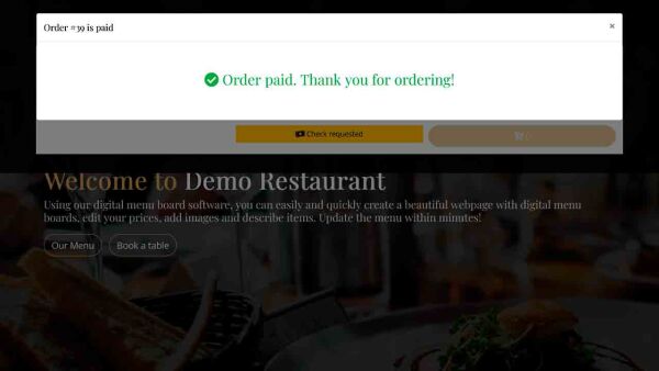 Demo restaurant website customer pay items in cart step 3 - payment confirmation