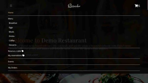 Demo restaurant website with menu opened Demo restaurant website with menu opened