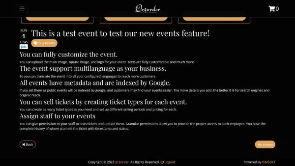 Demo restaurant website events with tickets Demo restaurant website events with tickets wherecustomer can buy tickets directly