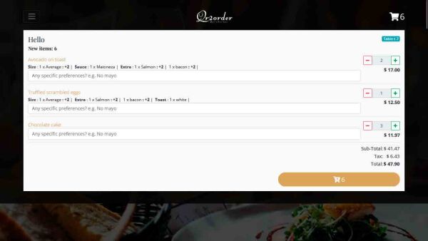 Demo restaurant website homepage cart