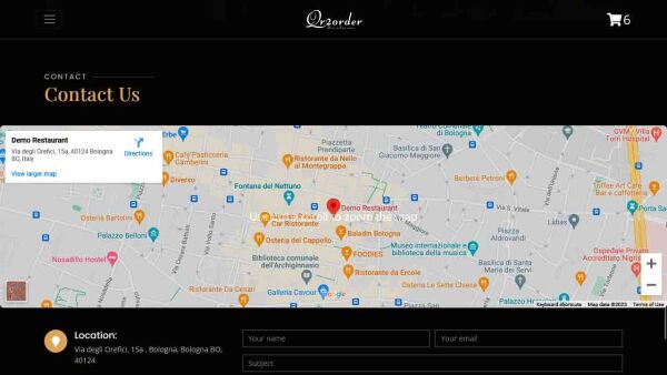 Demo restaurant website homepage contact map