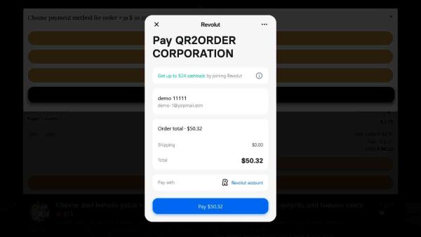 Demo restaurant website customer pay items in cart step 2 with revolut payment processor