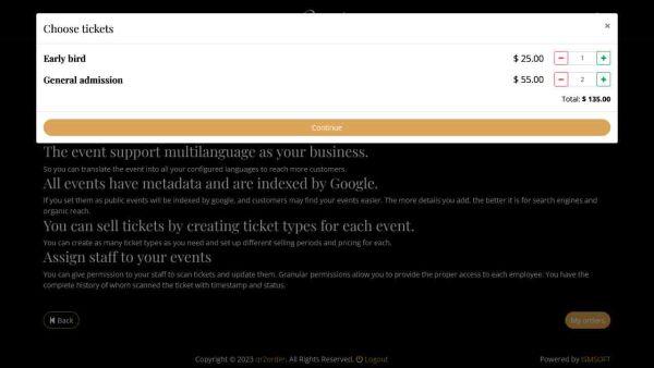 Demo restaurant website events with tickets buy tickets step 1