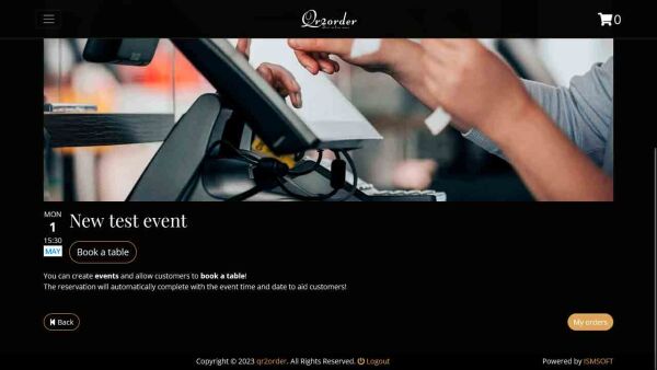 Demo restaurant website events without tickets customers can book a table.