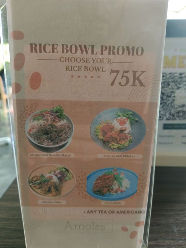 Amolas Cafe : Rice bowl promo.
75k including any tea or Americano.