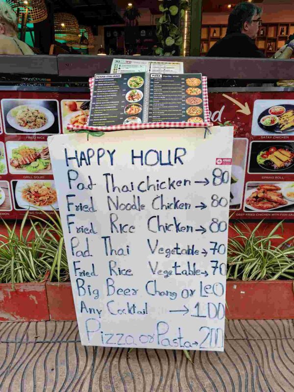 Aonang Rialto : Happy hour
Pad Thai from 70thb
Big beer, any cocktail 100thb
Pizza or pasta 200thb