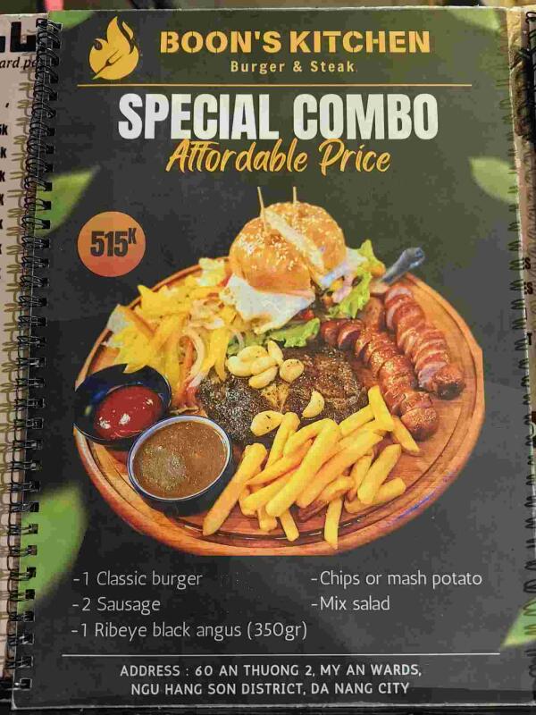 Boon’s Kitchen : Special combo
1 classic burger
2 sausage
1 ribeye black Angus
Chips or mash potato
mix salad