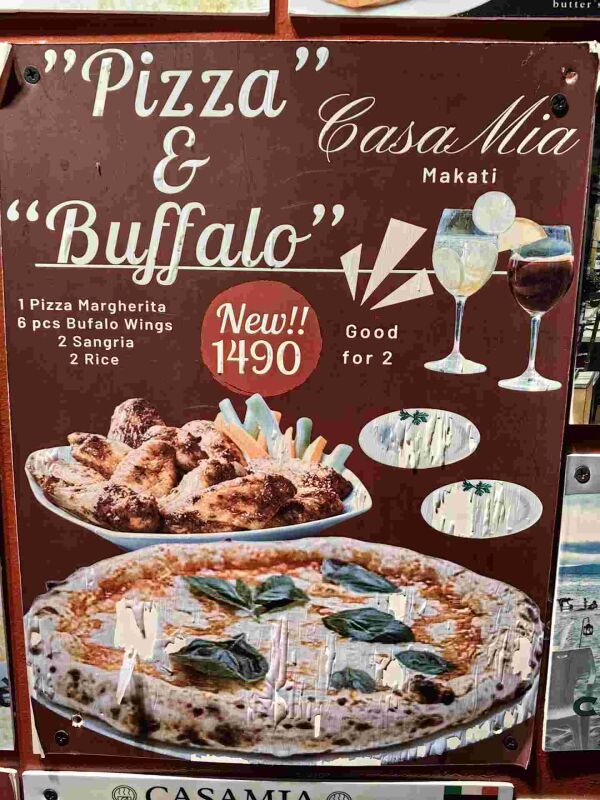 Casa Mia Ristorante Italiano White Beach : Good for 2
Pizza and buffalo
1 pizza margerita 
6 pcs buffalo wings
2 sangria
2 rice