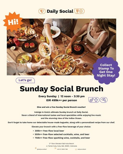 Daily Social Bali : Sunday Social Brunch
Every Sunday | 12 noon - 3:30 pm
IDR 499k++ per person
Dine and win a free Sunday Social Brunch voucher!
Savor a blend of international tastes and local specialties while enjoying live music and the stunning view of the Indian Ocean.
Don't forget to take home our delectable house-made baguette, along with a personalized recipe from our chef
Elevate your brunch with a free-flow beverage of your choice
• 300k++ treesflow locallbeer
• 550k++ free flow selected cocktails, wine, and beer
• 750k++ free-flow sparkling wine cocktails and beer