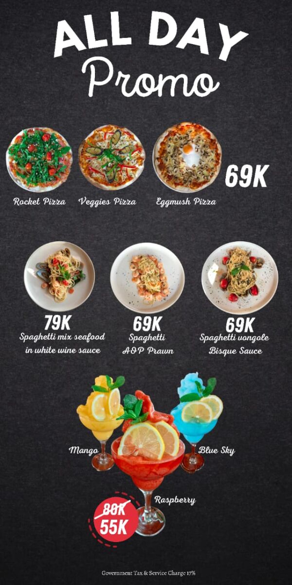 Damasta Seminyak Bali - Kitchen & Bar : All-day promo pizza only 69k++
All-day promo spaghetti start from 69k++
All-day promo frozen margarita only 55k++