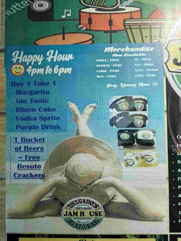 Delgados Jam House Resto Bar : Happy hour buy one get one
Margarita
Gin tonic
Rhum coke
Vodka sprite