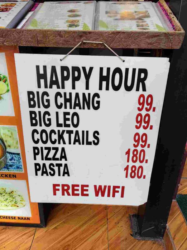 Noori India - Best Authentic Indian Restaurant in Ao Noang, Krabi : Happy hour
Big beer chang or Leo 99thb
Cocktails 99thb
Pizza or pasta 180thb