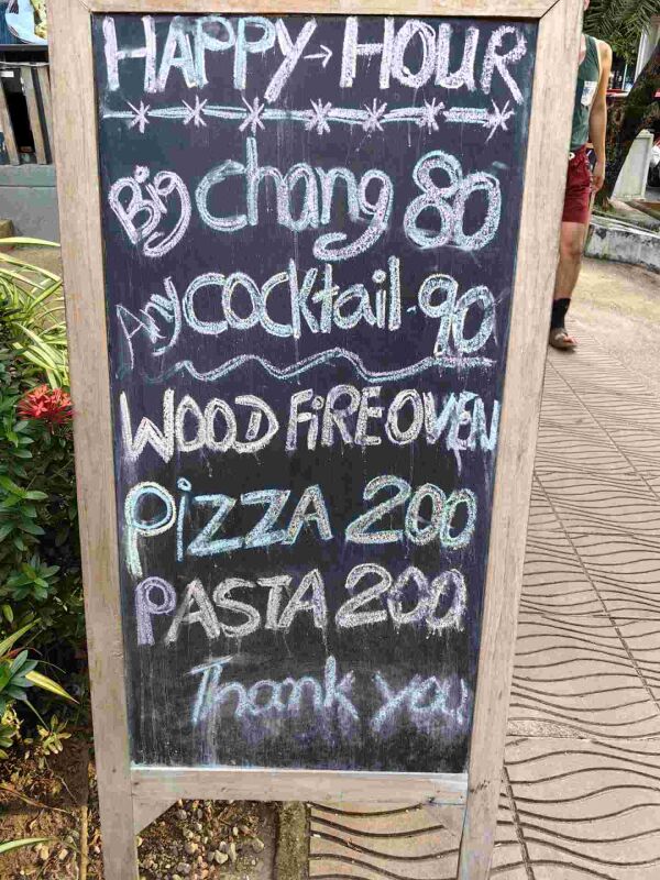 Tandoori Grill : Happy hour
Big change 80thb
Any cocktail 90thb
Wood fire oven pizza 200thb
Pasta 200thb