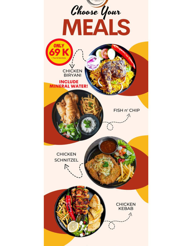The Shisha House Seminyak : Meals and dinner 69k including mineral water
Chicken Biryani
Fish n'Chip
Chicken Snitzel
Chicken Kebab