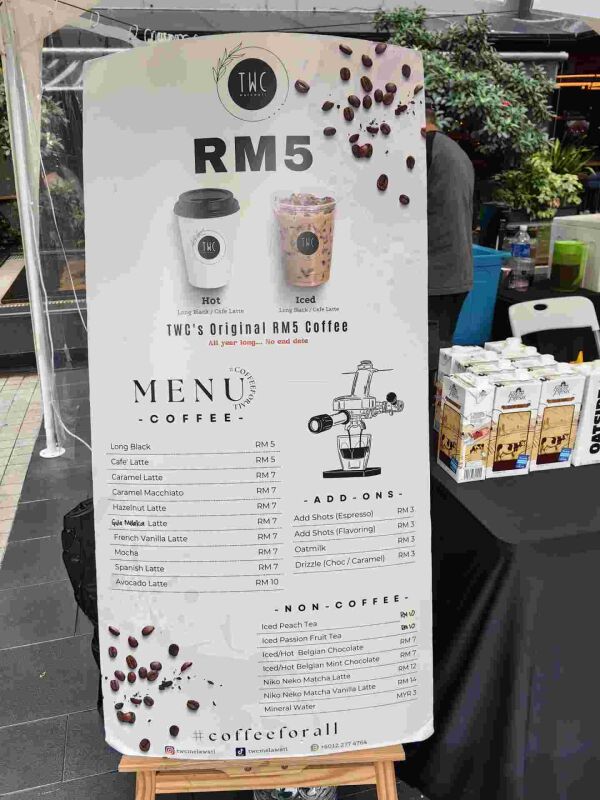 TWC : RM5 for long black and latte coffee