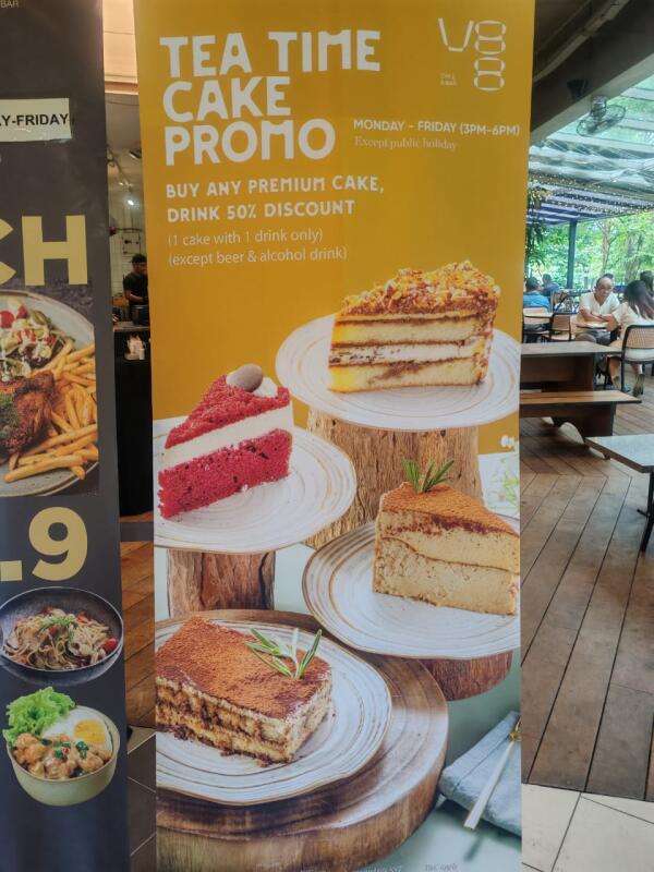 V88 Cafe & Bar : Tea time cake promo
1 cake and 1 drink (except alcohol) at 50% discount